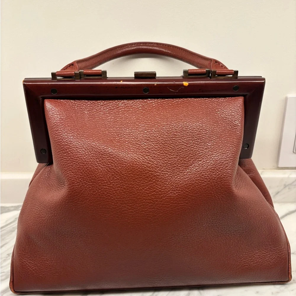 Perrin Paris Structured Leather Frame Bag Vintage-Inspired Satchel in Rich Brown - Picture 4 of 8